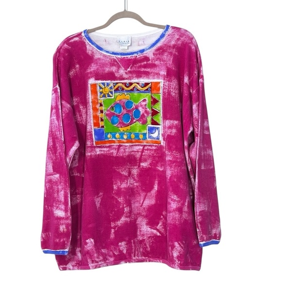 VTG CAMPERS Hand Painted Long Sleeve Pink Boho Fish Artsy Top Women's Large - Picture 1 of 16